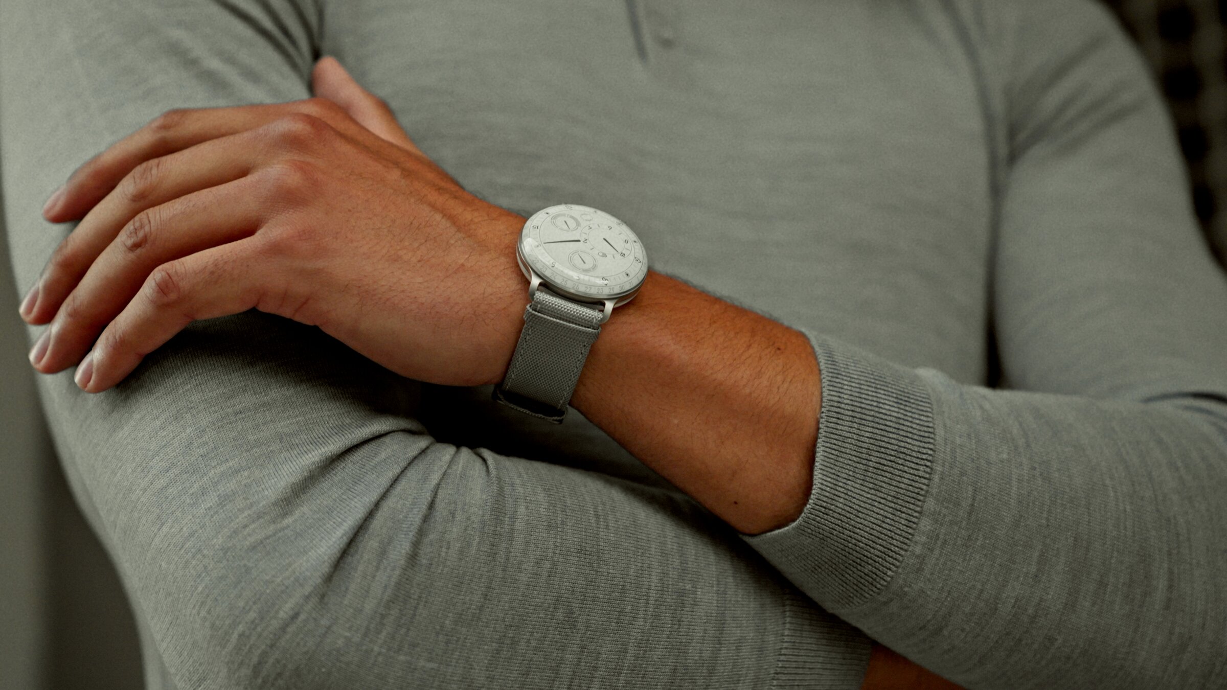 Ressence watch, white dial, grey textile strap